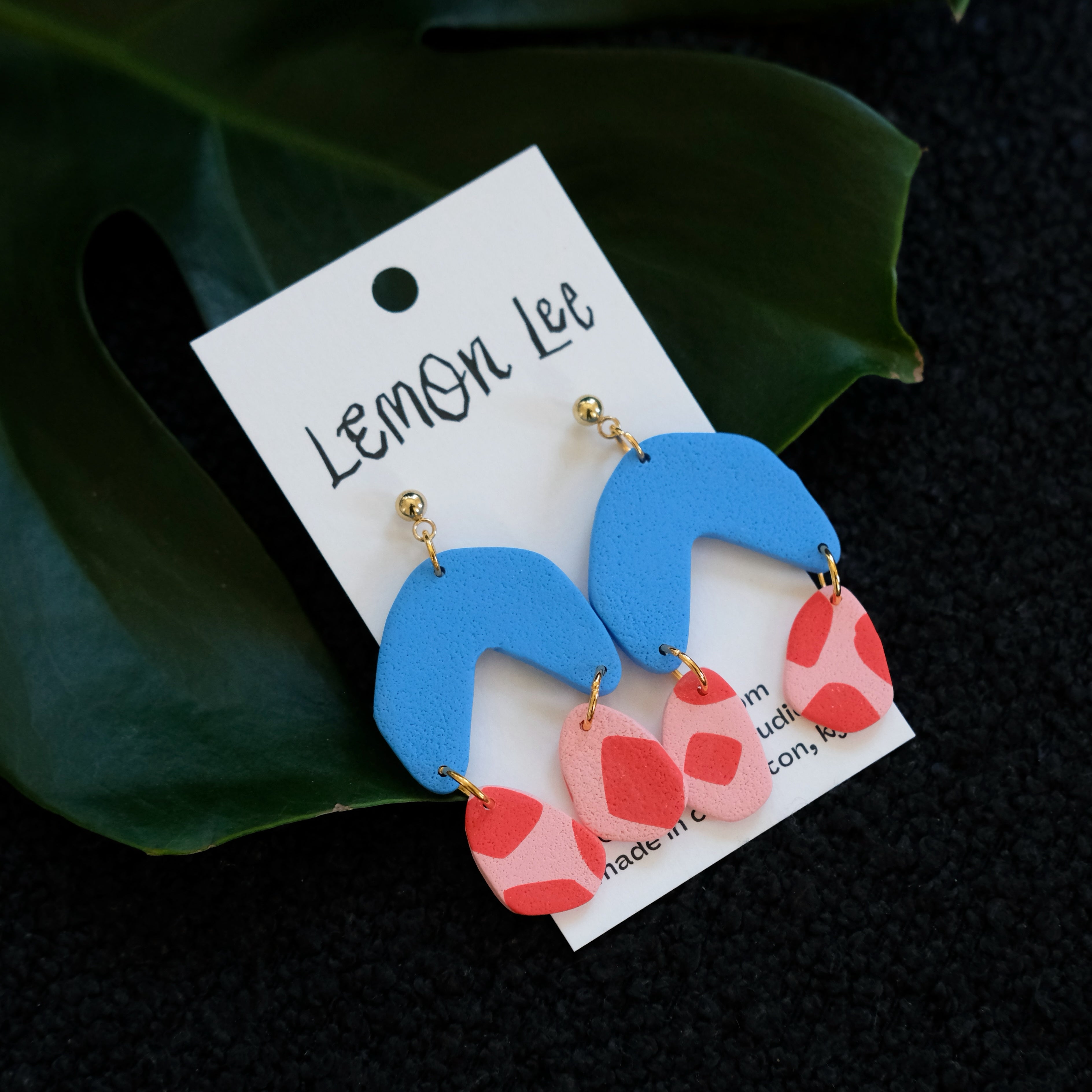 Pair of blue and pink earrings on a branded card with green leaves in the background