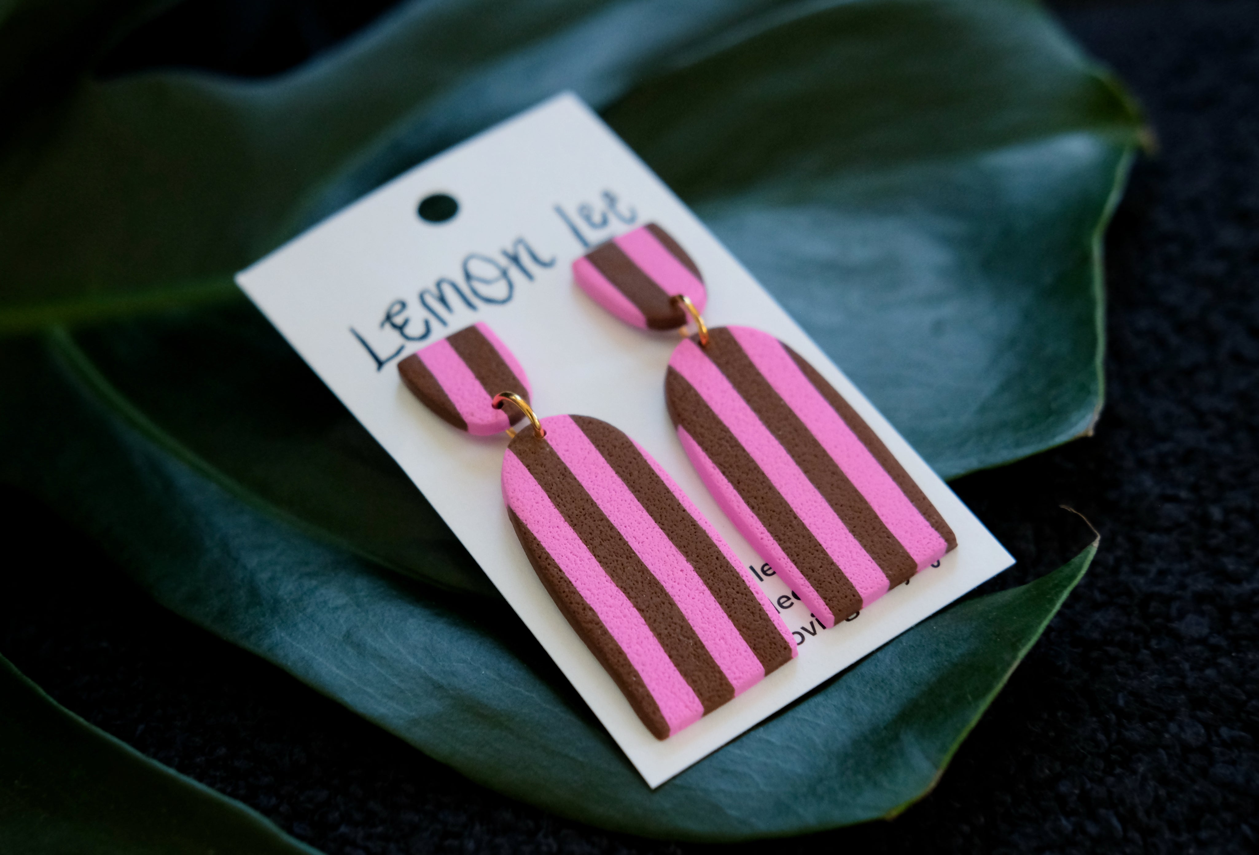 Pair of pink and brown striped earrings on a branded card, set against a dark background with green leaves.
