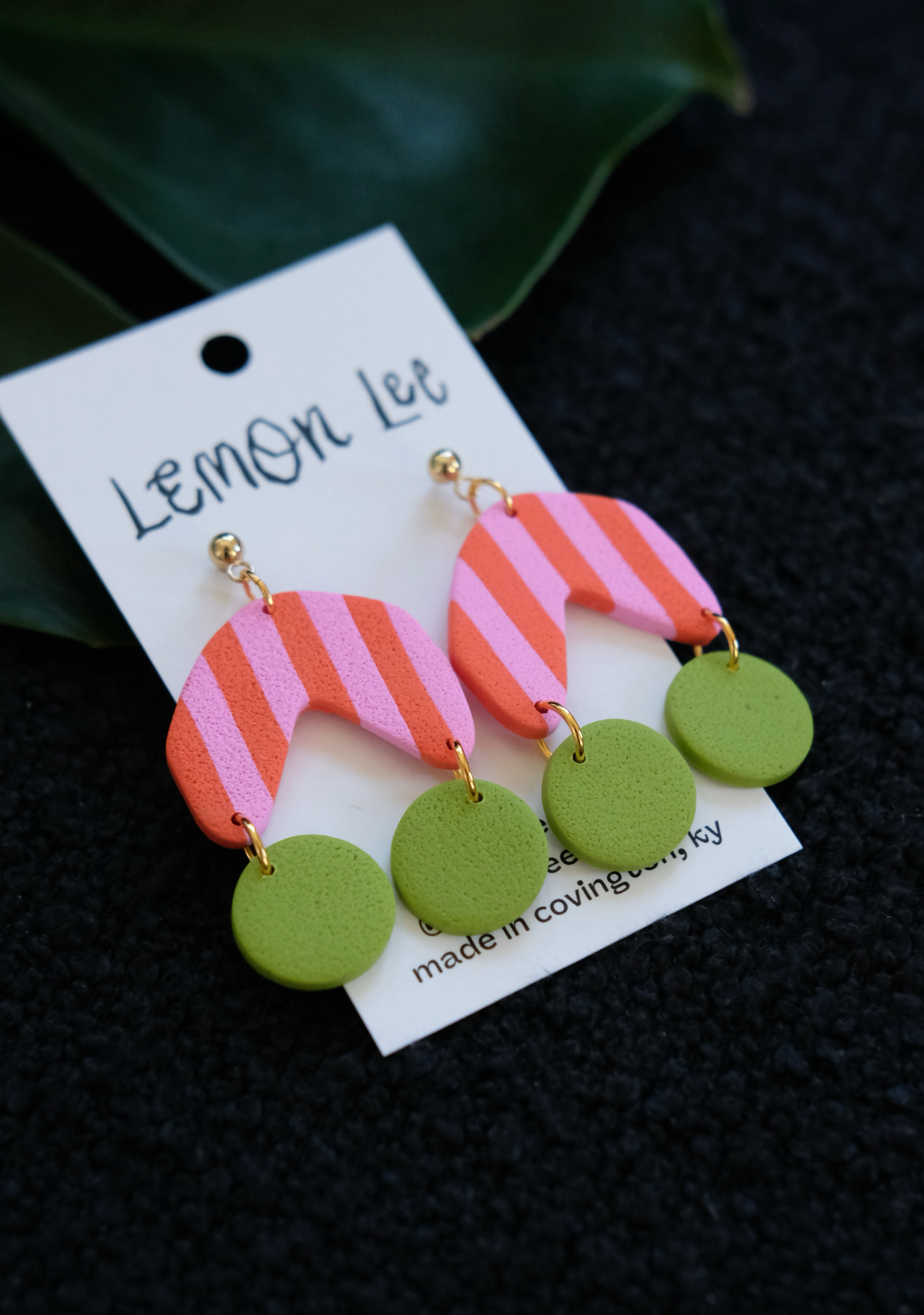 Colorful Pink and Green striped earrings on a branded card against a dark background